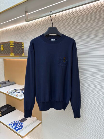 Loewe Plain-Knit Crewneck Sweater with Stitching and Embroidery