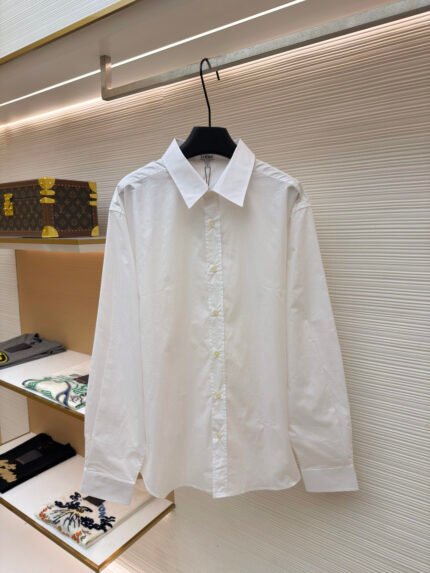 Loewe Solid-Color Spread-Collar Cotton Single-Breasted Embroidered Long-Sleeve Shirt