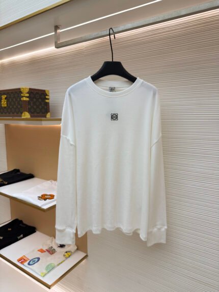 Loewe Solid-Color Long-Sleeve Top with Embroidered Cotton Logo