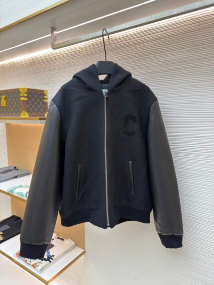 Celine Wool Coat with Leather Sleeves and Hood