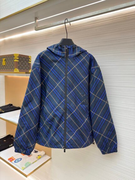 Burberry Dark Blue Embroidered Jacket with Diagonal Check Pattern