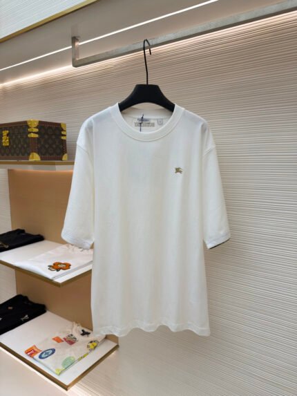 Burberry Short-Sleeve Crewneck T-Shirt with Plaid Cuff Trim