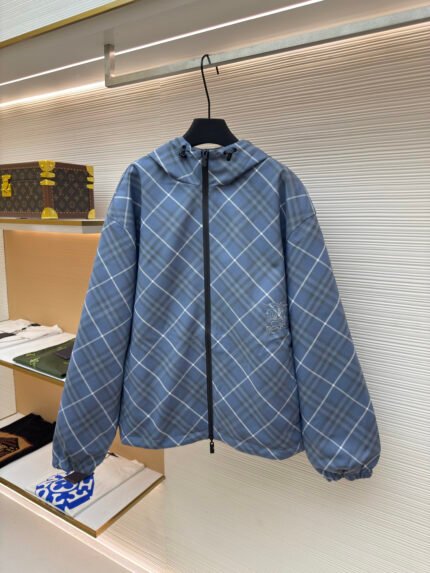BURBERRY Blue Reversible Jacket with Diagonal Check Embroidery