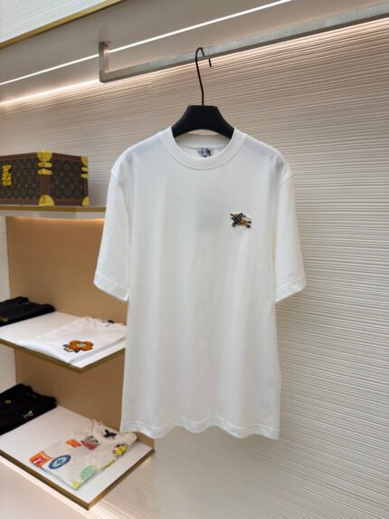 Burberry Check "Toothbrush" Embroidery Crew-Neck Short-Sleeve Top