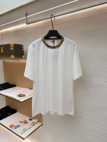 Burberry Crew-Neck Cotton T-Shirt with Plaid Trim