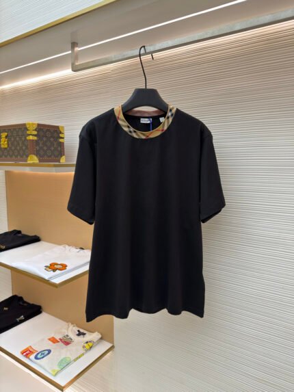 Burberry Crew-Neck Cotton T-Shirt with Plaid Trim
