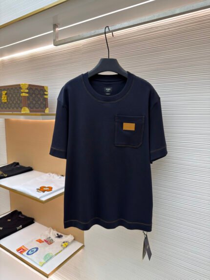 Fendi Crew-Neck Cotton T-Shirt with Leather Logo Patch