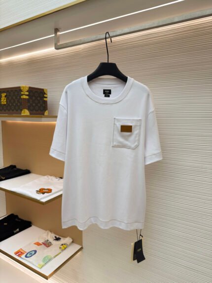 Fendi Crew-Neck Cotton T-Shirt with Leather Logo Patch