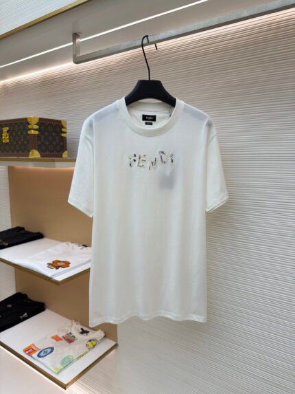 Fendi Crew-Neck Short-Sleeve Top with Mélange Yarn Embroidery