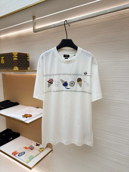 Fendi Summer Multicolor Ice Cream Motif Embroidered T-Shirt