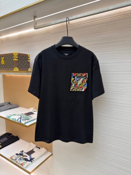Fendi Crew-Neck Short-Sleeve T-Shirt with Colorful F-Logo Zip Pocket