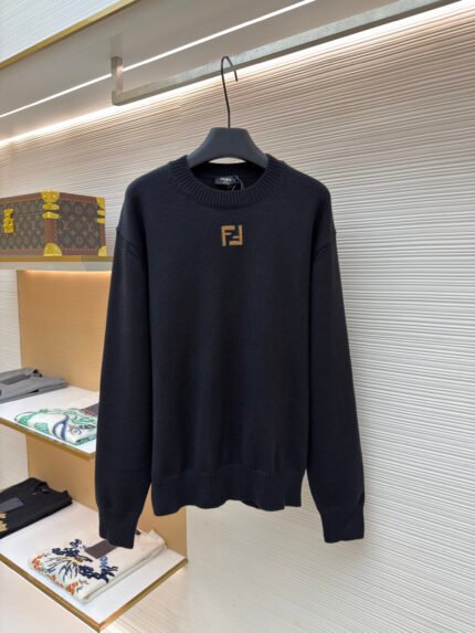 Fendi Double-F Velour-Embroidered Knit Sweater