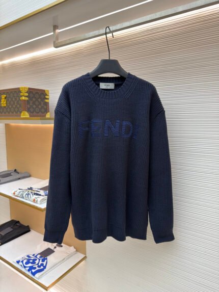 Fendi Wool Crewneck Long-Sleeve Sweater with Knitted Lettering