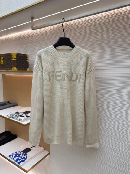 Fendi Wool Crewneck Long-Sleeve Sweater with Knitted Lettering