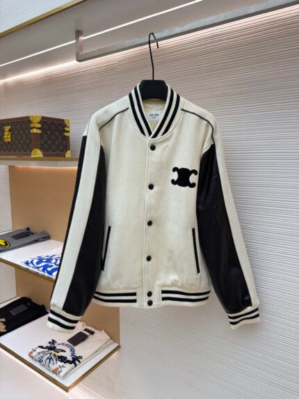 Celine Buttoned Calfskin Embroidered Baseball Jacket