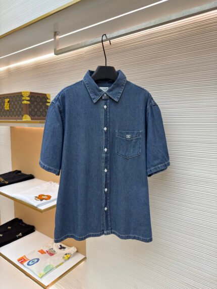 Celine Embroidered Denim Short-Sleeve Shirt