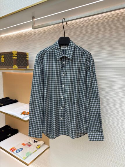 Celine Checked Cotton Poplin Shirt with Embroidered Logo