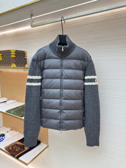 Moncler Striped Stand-Collar Zip-Front Long-Sleeve Down Jacket