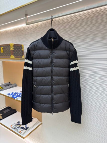 Moncler Striped Stand-Collar Zip-Front Long-Sleeve Down Jacket
