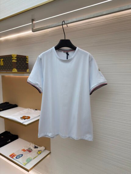 Moncler Cotton T-Shirt with Logo and Tricolor Trim