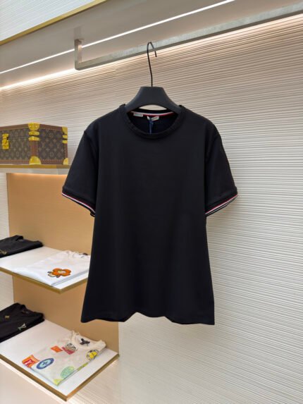 Moncler Cotton T-Shirt with Logo and Tricolor Trim